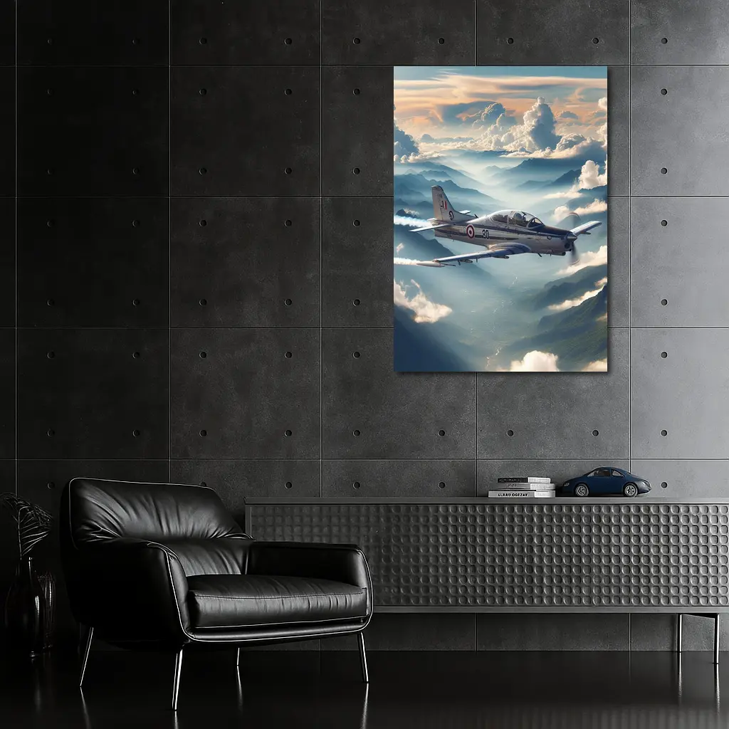 Military Jet Flying Above Misty Mountains – Wall Art
