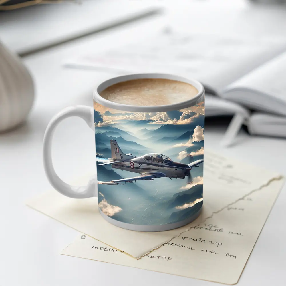 Military Jet Flying Above Misty Mountains – Mugs