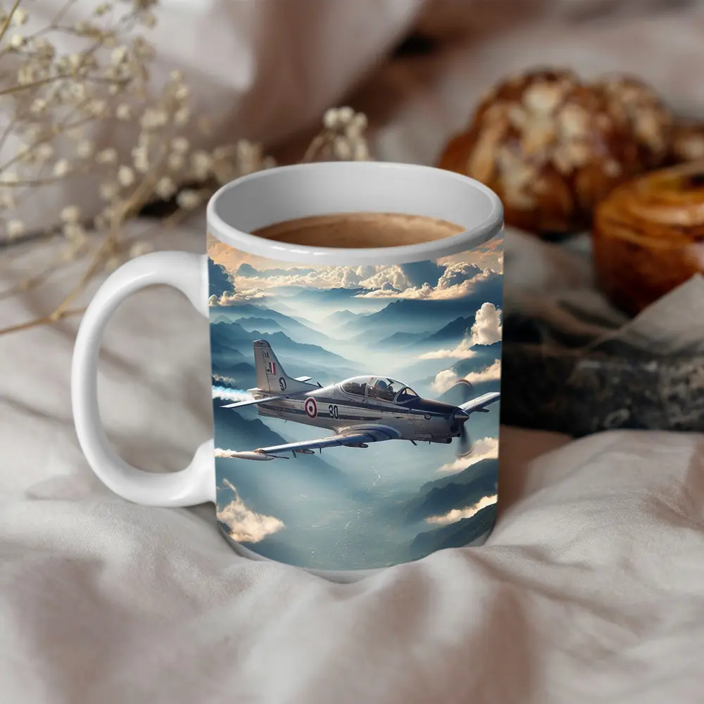 Military Jet Flying Above Misty Mountains – Mugs