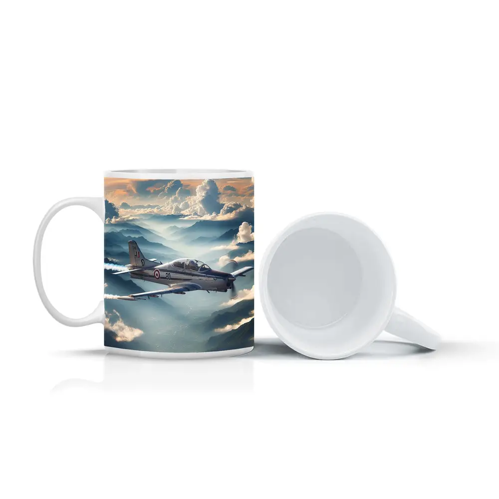 Military Jet Flying Above Misty Mountains – Mugs