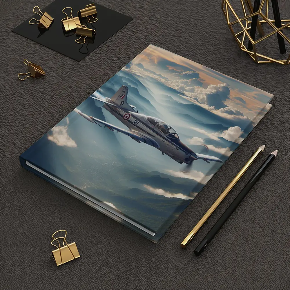 Military Jet Flying Above Misty Mountains – Notebooks