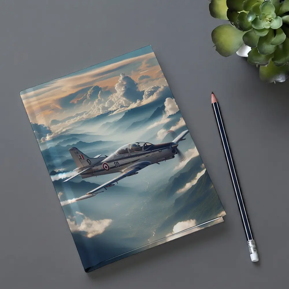 Military Jet Flying Above Misty Mountains – Notebooks