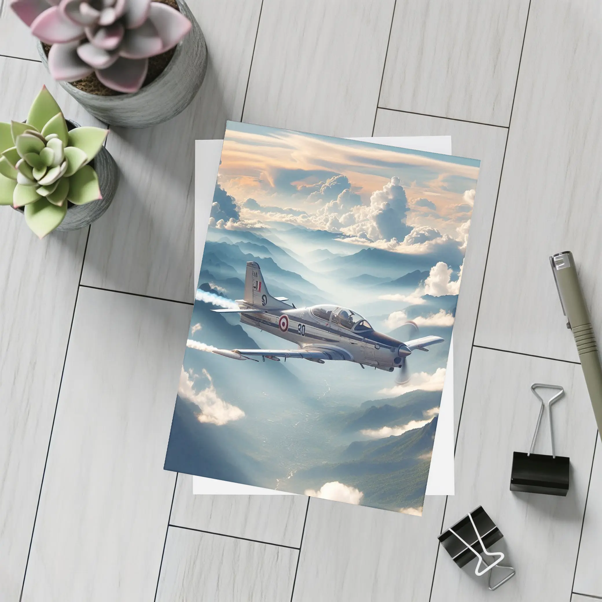 Military Jet Flying Above Misty Mountains – Postcards