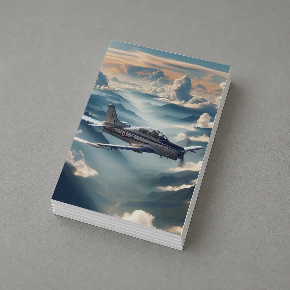 Military Jet Flying Above Misty Mountains – Postcards
