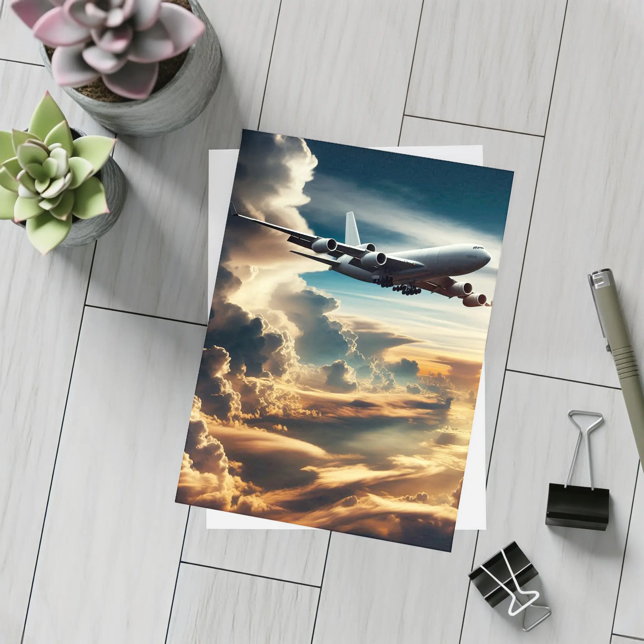 Commercial Airplane Flying Through Dramatic Storm Clouds – Postcards