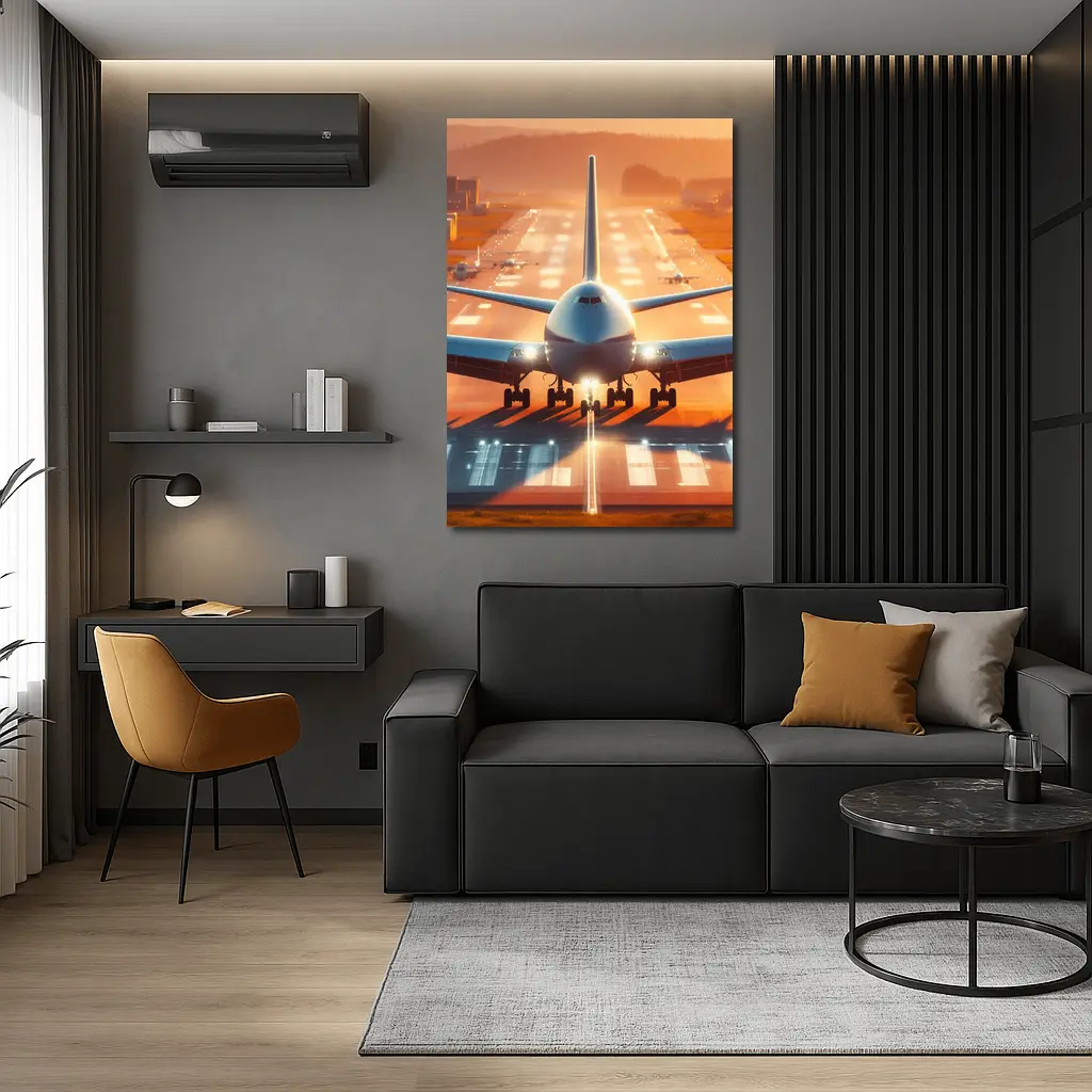 Commercial Airplane Taking Off Sunset Runway – Wall Art