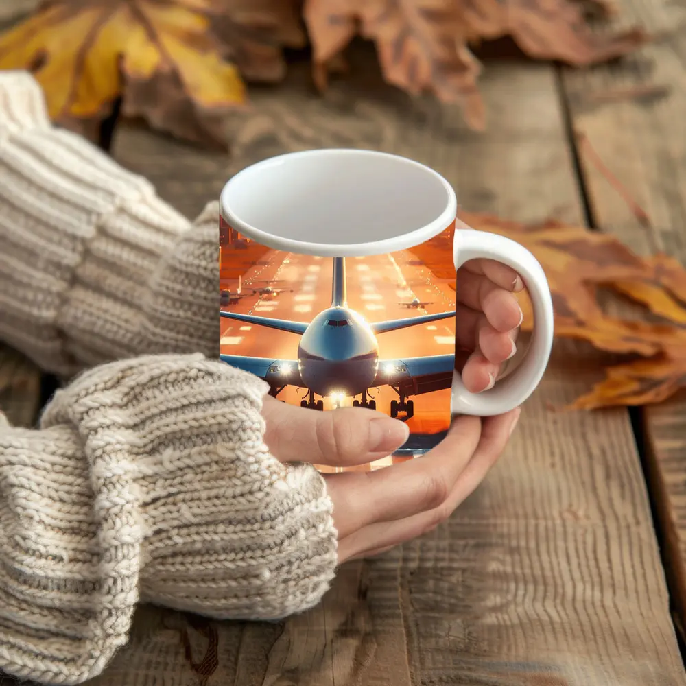 Commercial Airplane Taking Off Sunset Runway – Mugs