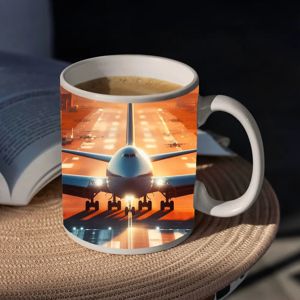 Commercial Airplane Taking Off Sunset Runway – Mugs