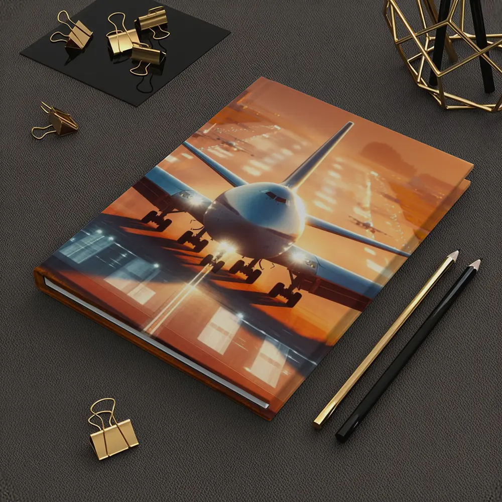 Commercial Airplane Taking Off Sunset Runway – Notebooks