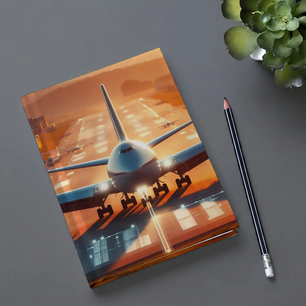 Commercial Airplane Taking Off Sunset Runway – Notebooks