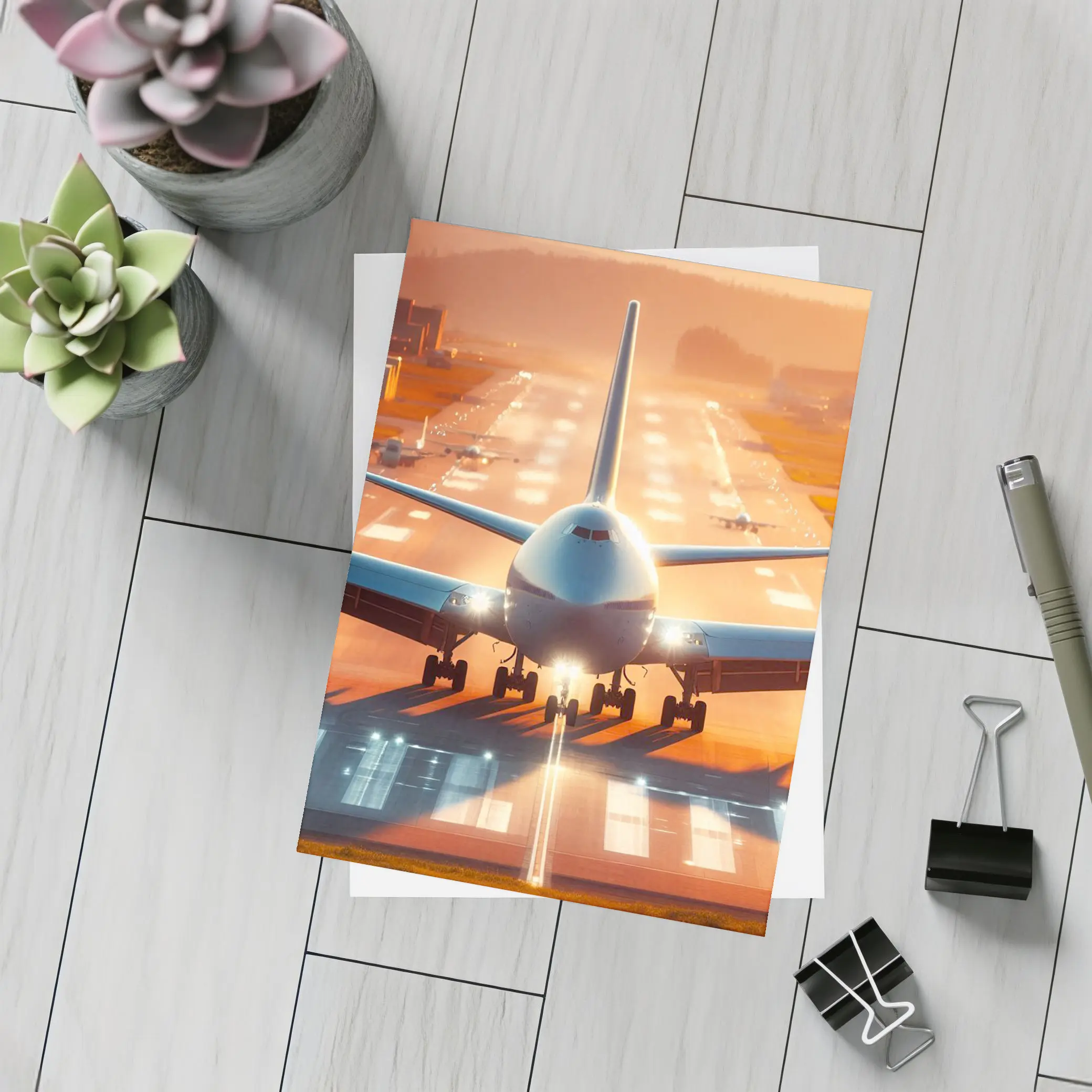 Commercial Airplane Taking Off Sunset Runway – Postcards