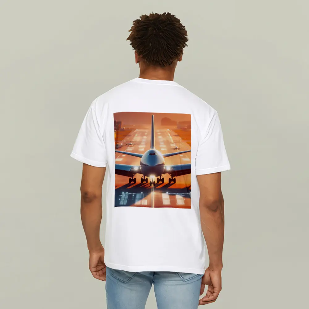 Commercial Airplane Taking Off Sunset Runway – T-Shirts