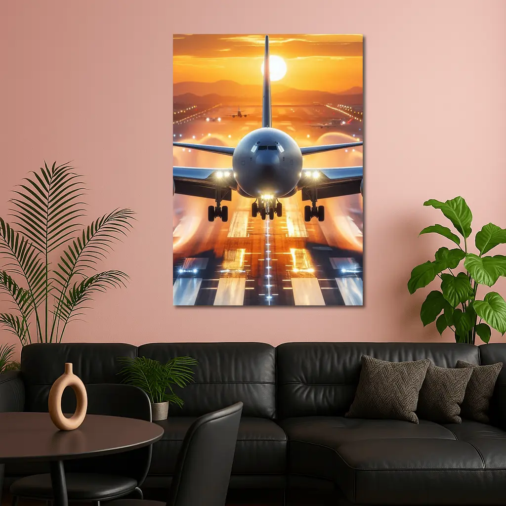 Commercial Airplane Taking Off Sunset Runway – Wall Art