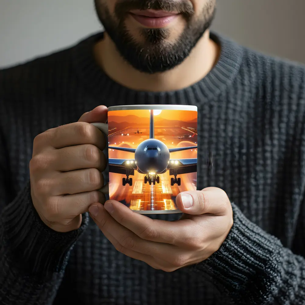 Commercial Airplane Taking Off Sunset Runway – Mugs