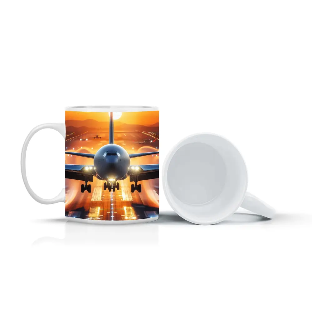 Commercial Airplane Taking Off Sunset Runway – Mugs