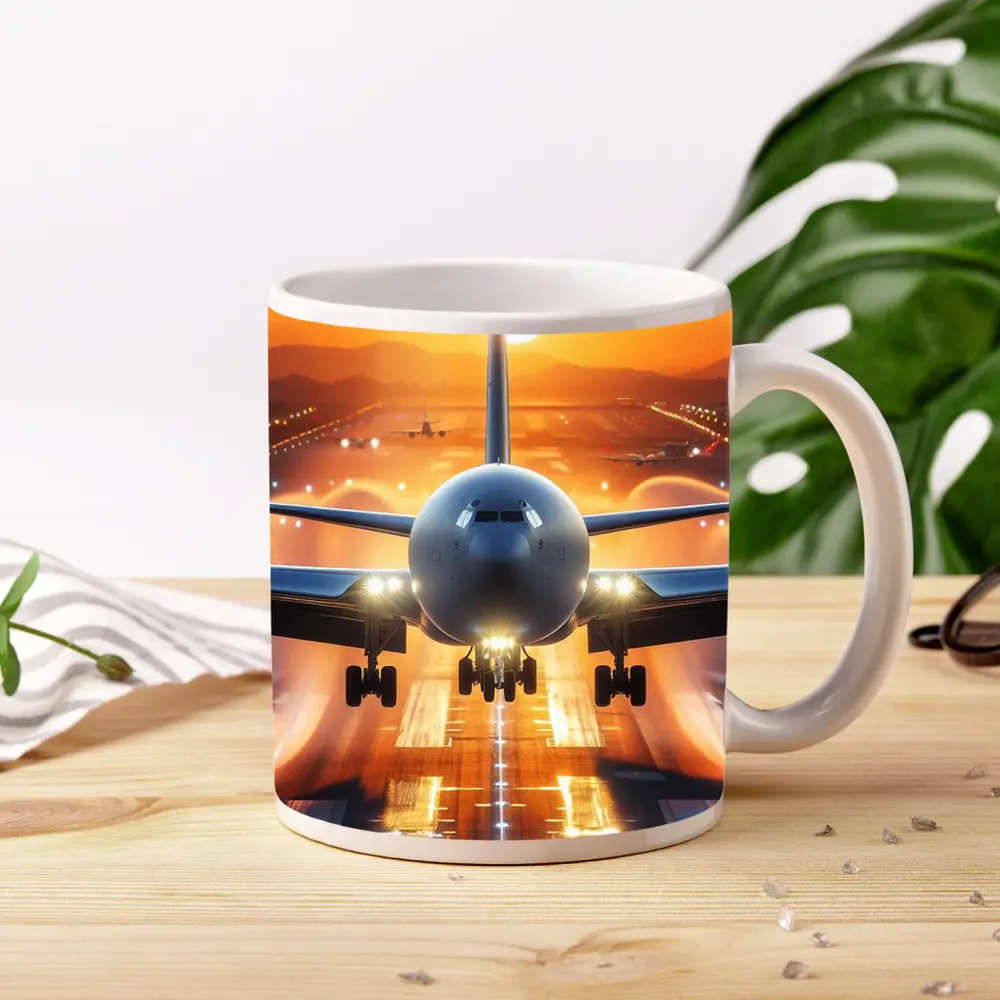 Commercial Airplane Taking Off Sunset Runway – Mugs