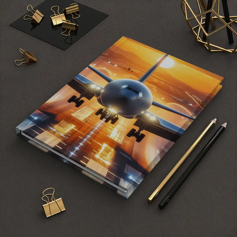 Commercial Airplane Taking Off Sunset Runway – Notebooks