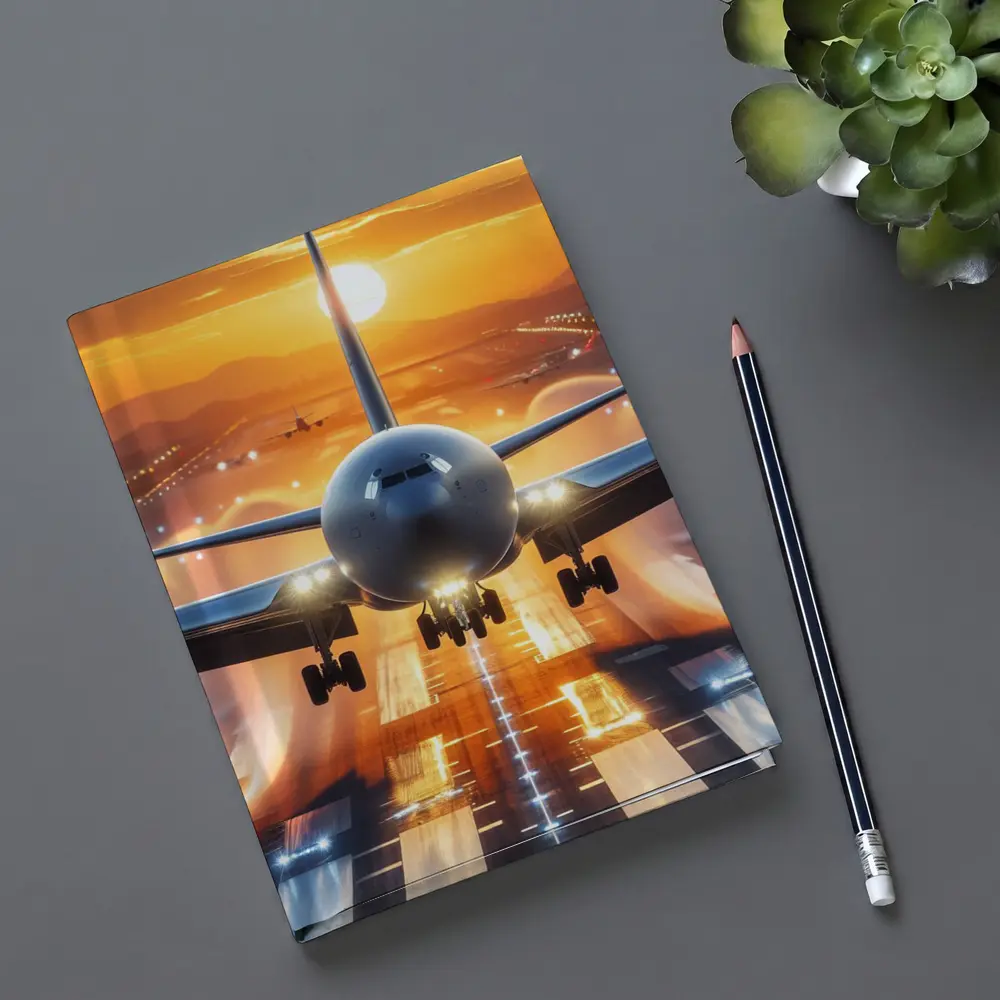 Commercial Airplane Taking Off Sunset Runway – Notebooks