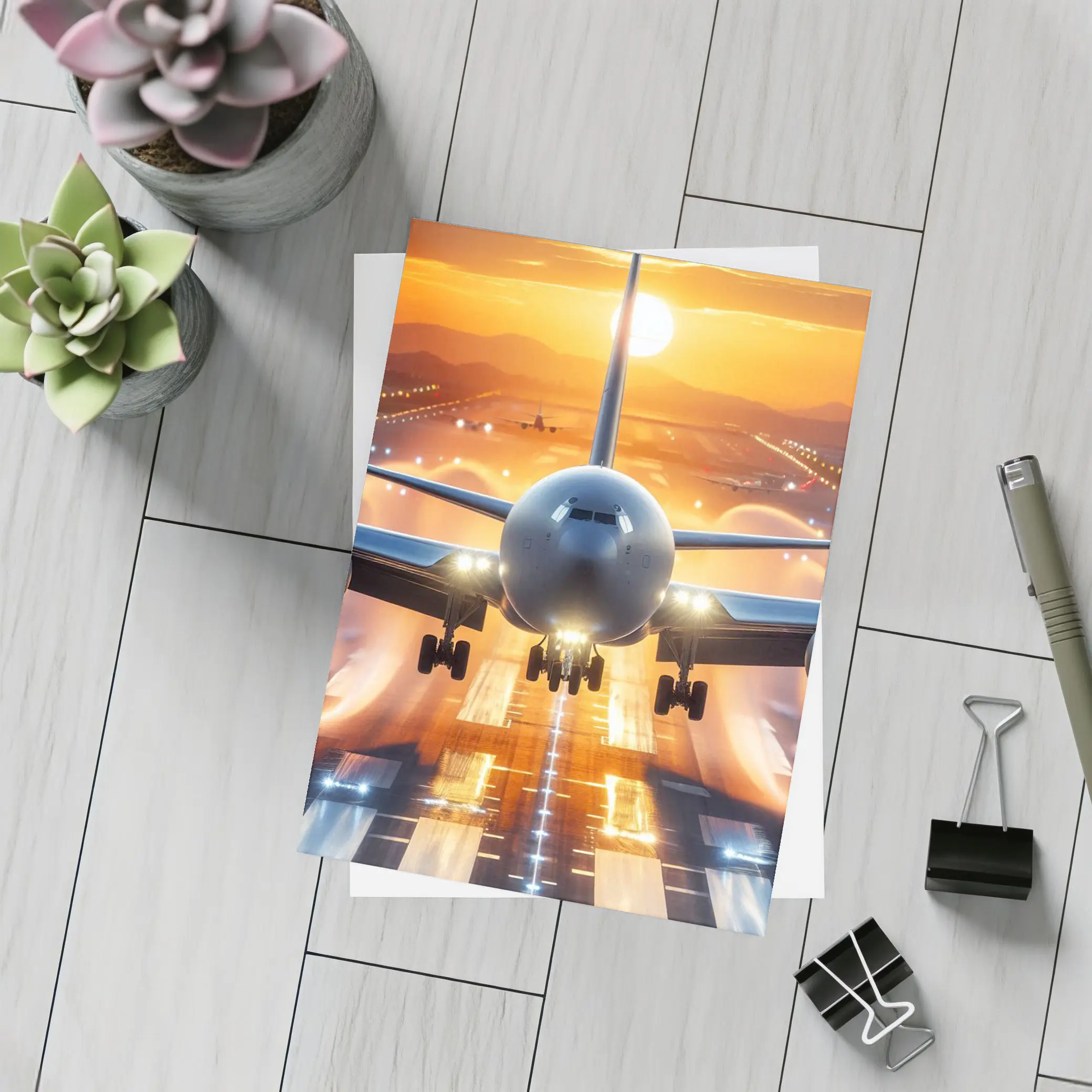 Commercial Airplane Taking Off Sunset Runway – Postcards