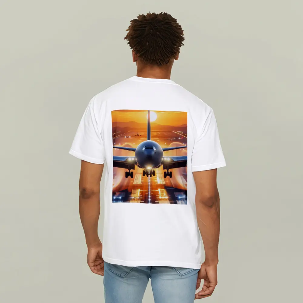 Commercial Airplane Taking Off Sunset Runway – T-Shirts