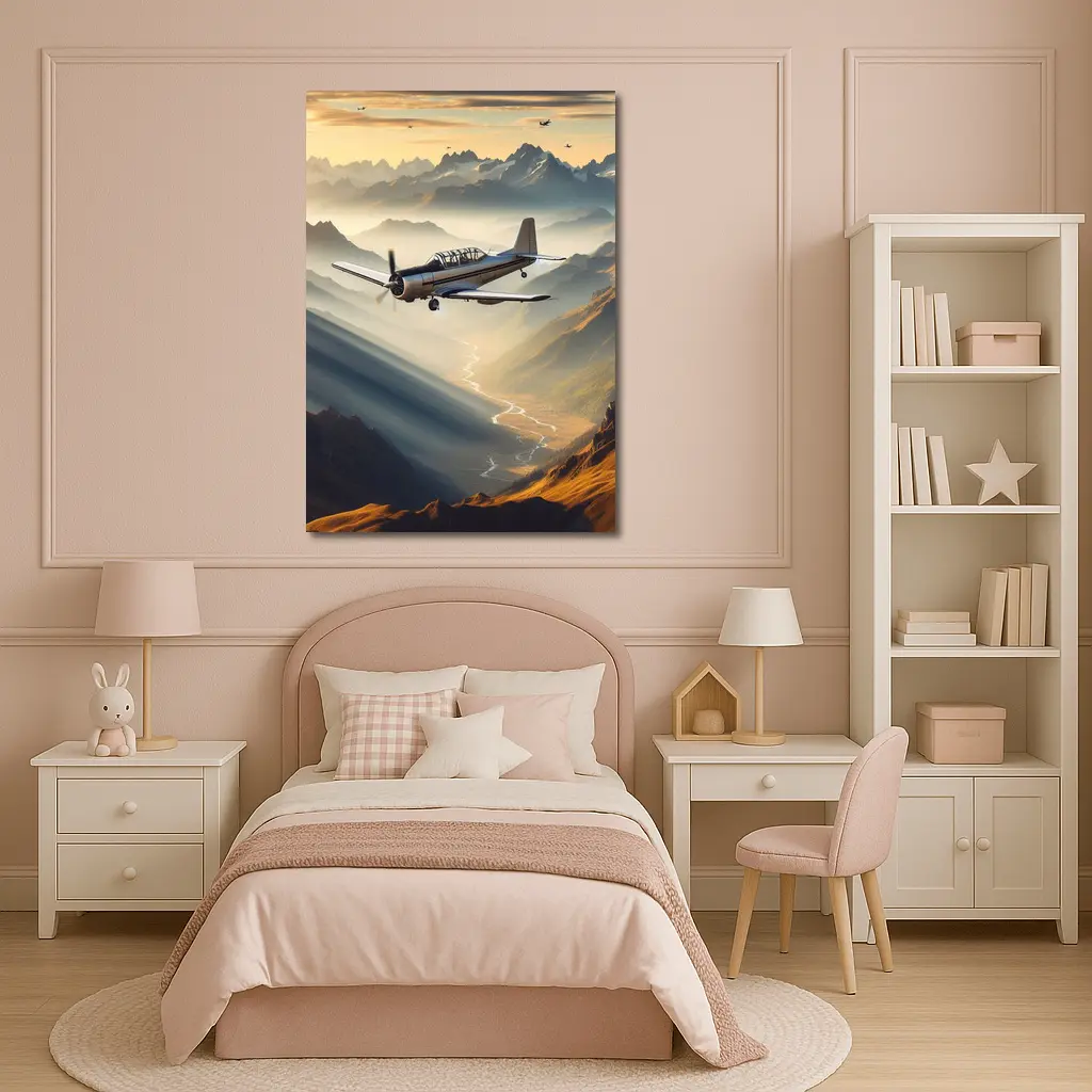 Propeller Plane Flying Over Mountain Valley – Wall Art