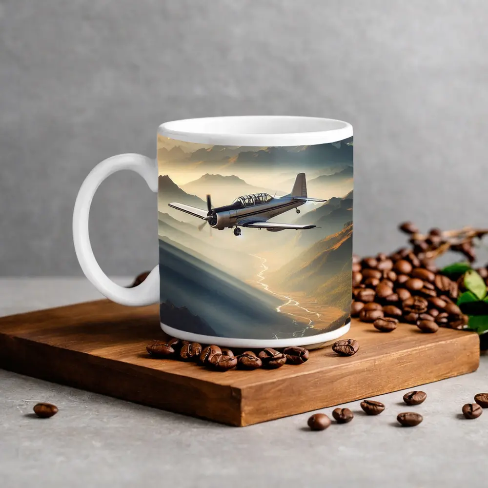 Propeller Plane Flying Over Mountain Valley – Mugs