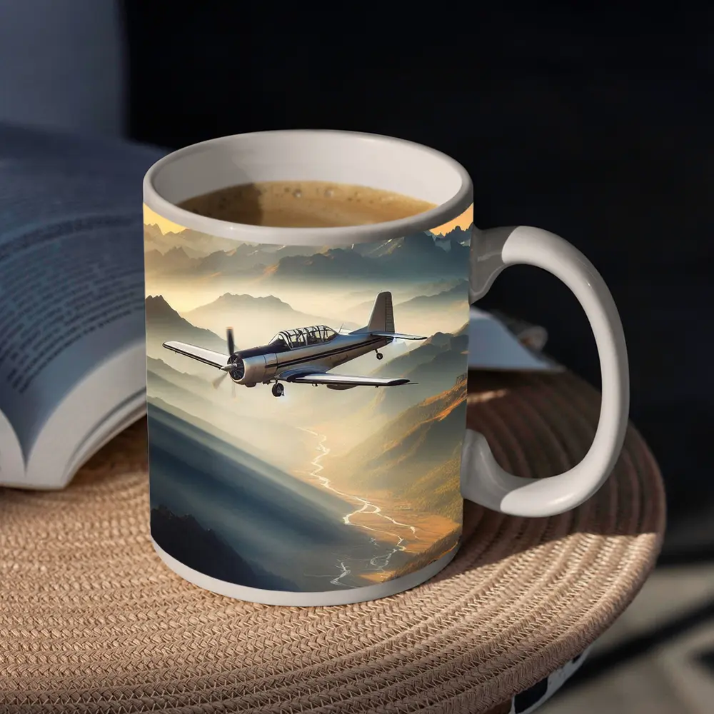 Propeller Plane Flying Over Mountain Valley – Mugs