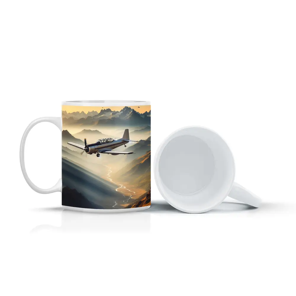 Propeller Plane Flying Over Mountain Valley – Mugs