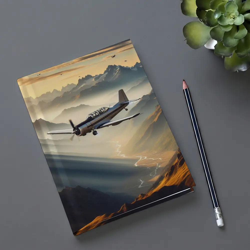 Propeller Plane Flying Over Mountain Valley – Notebooks