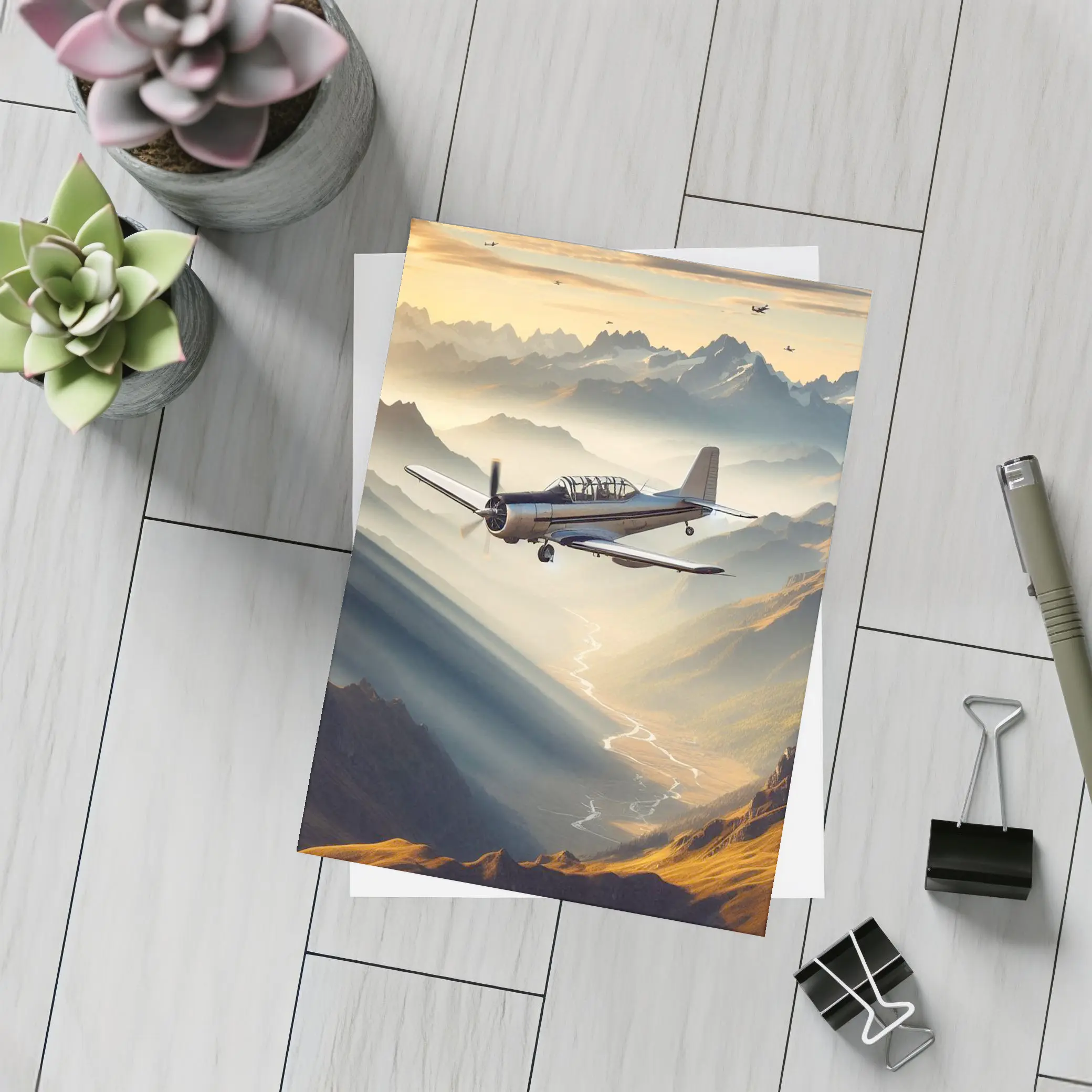 Propeller Plane Flying Over Mountain Valley – Postcards