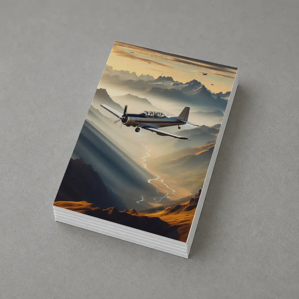 Propeller Plane Flying Over Mountain Valley – Postcards