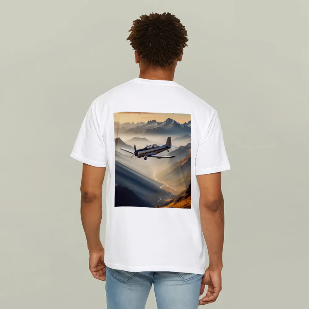 Propeller Plane Flying Over Mountain Valley – T-Shirts