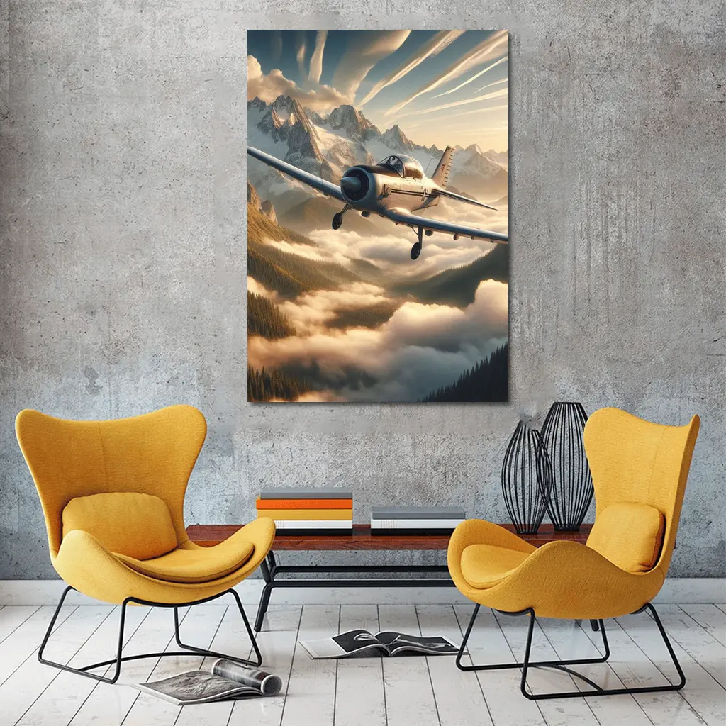 Vintage Propeller Plane Flying Over Mountains – Wall Art