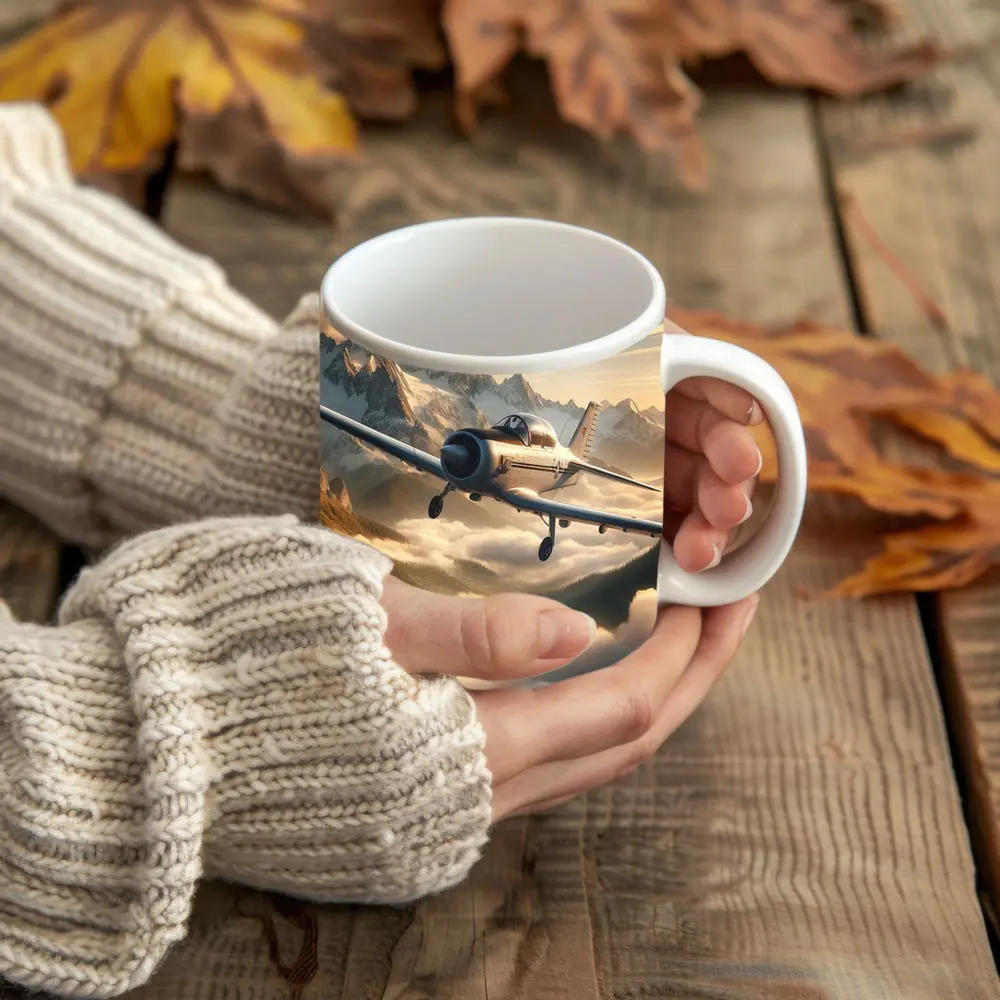 Vintage Propeller Plane Flying Over Mountains – Mugs