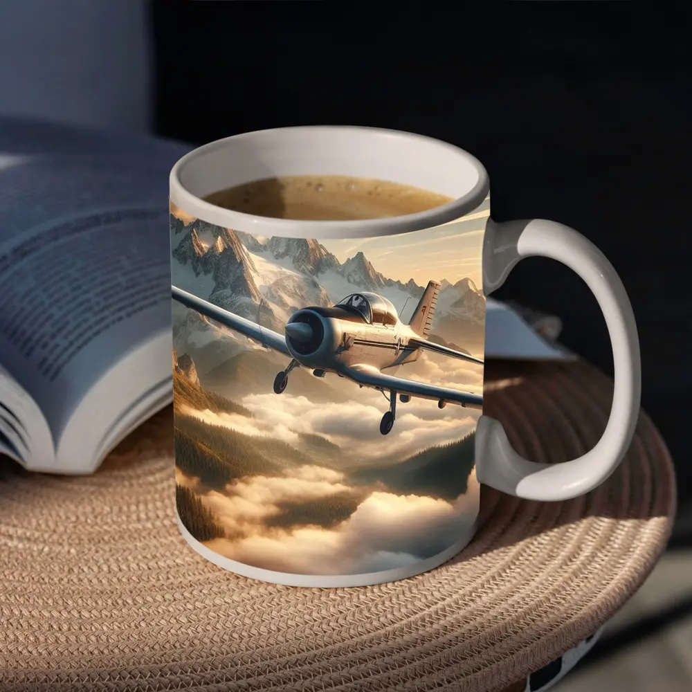 Vintage Propeller Plane Flying Over Mountains – Mugs