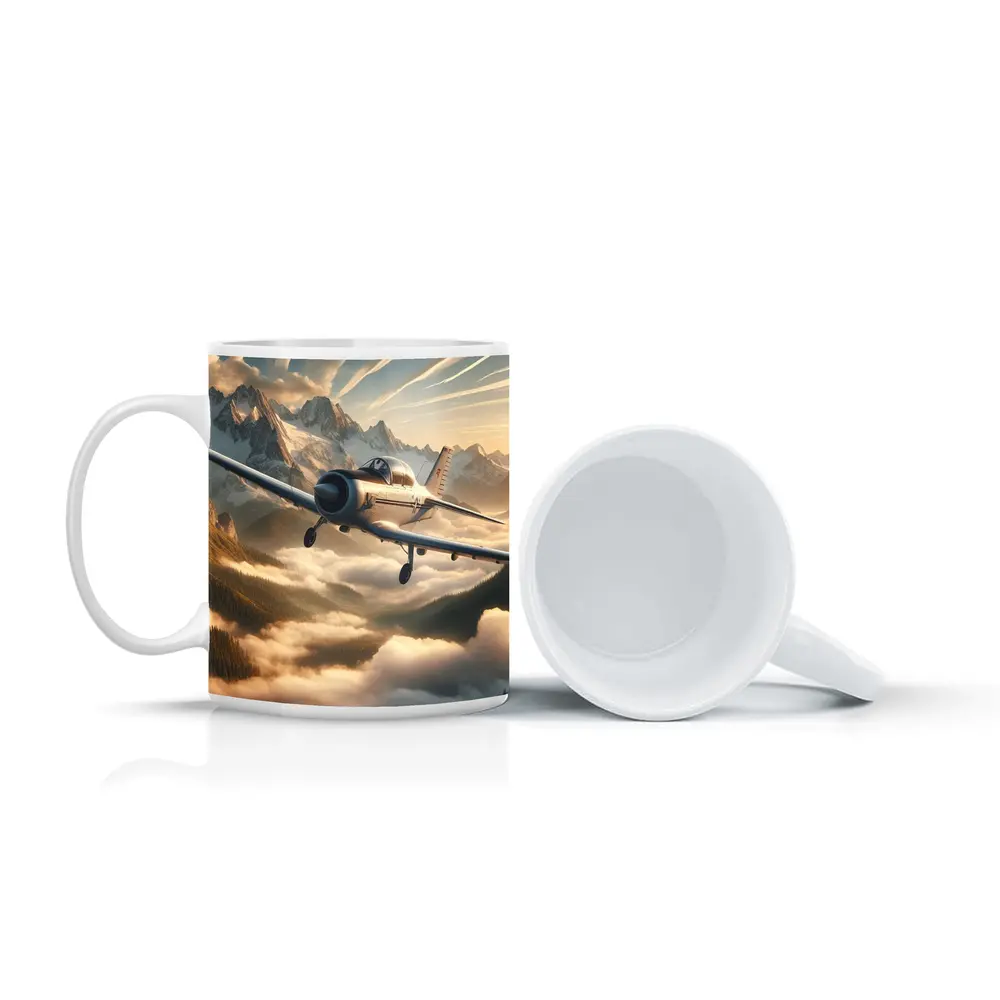 Vintage Propeller Plane Flying Over Mountains – Mugs