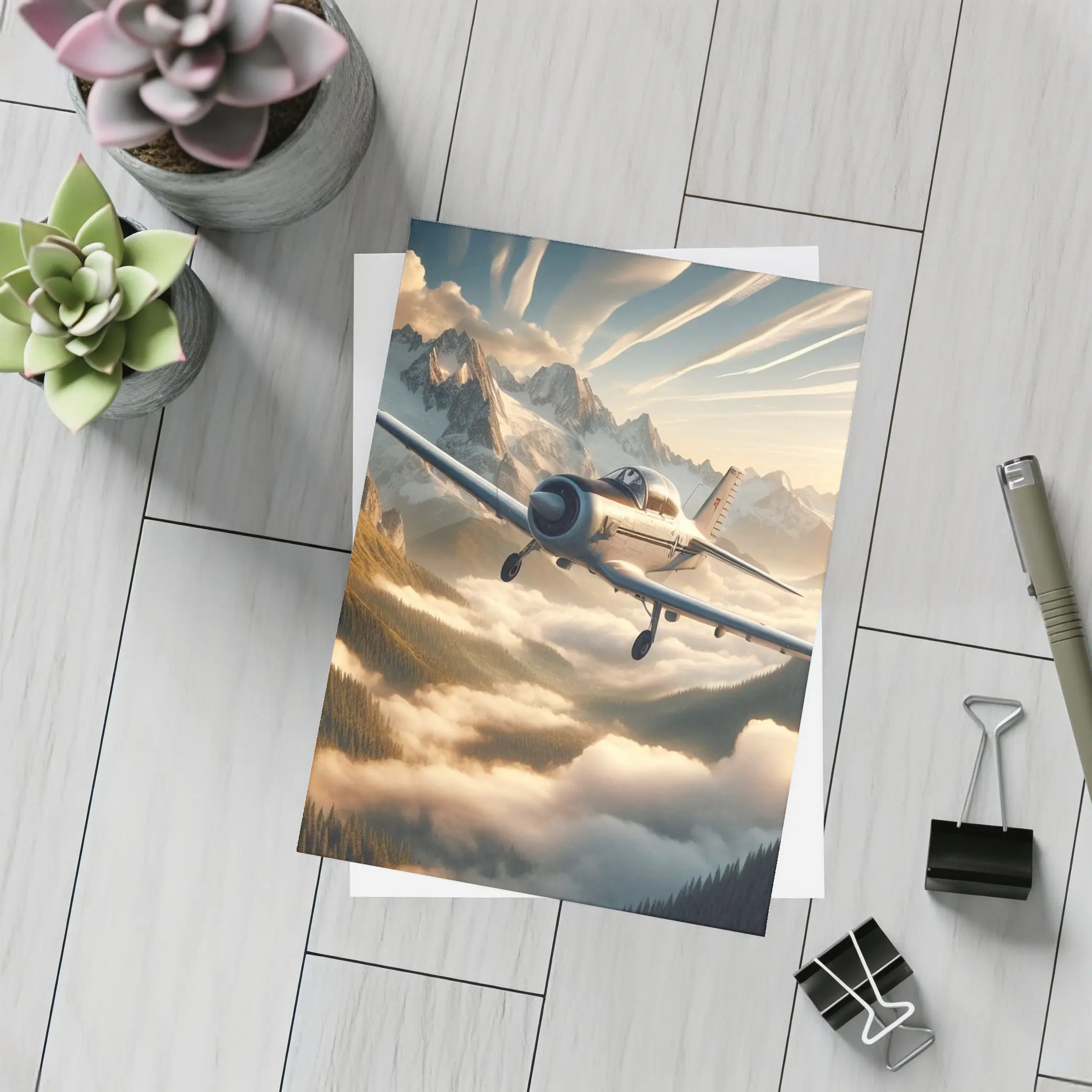 Vintage Propeller Plane Flying Over Mountains – Postcards