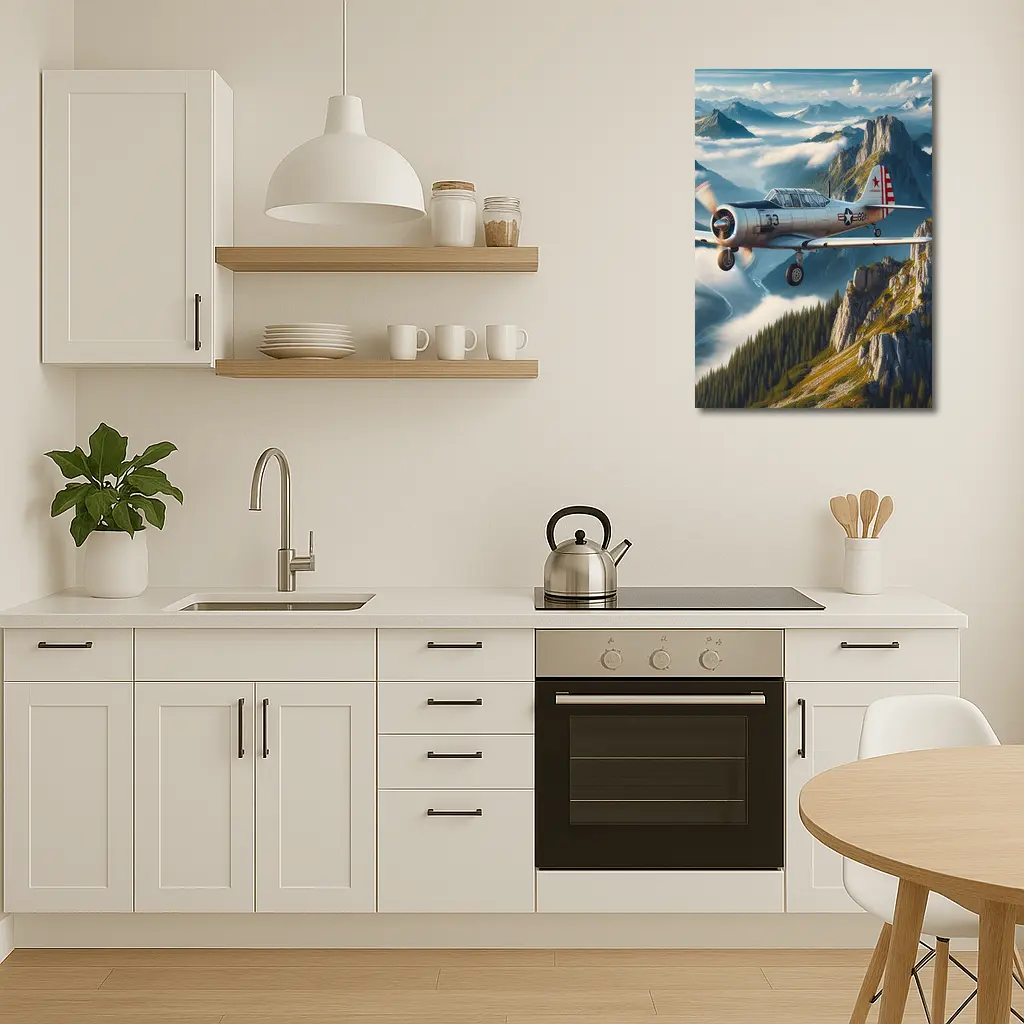 Vintage Military Trainer Plane Over Mountains – Wall Art