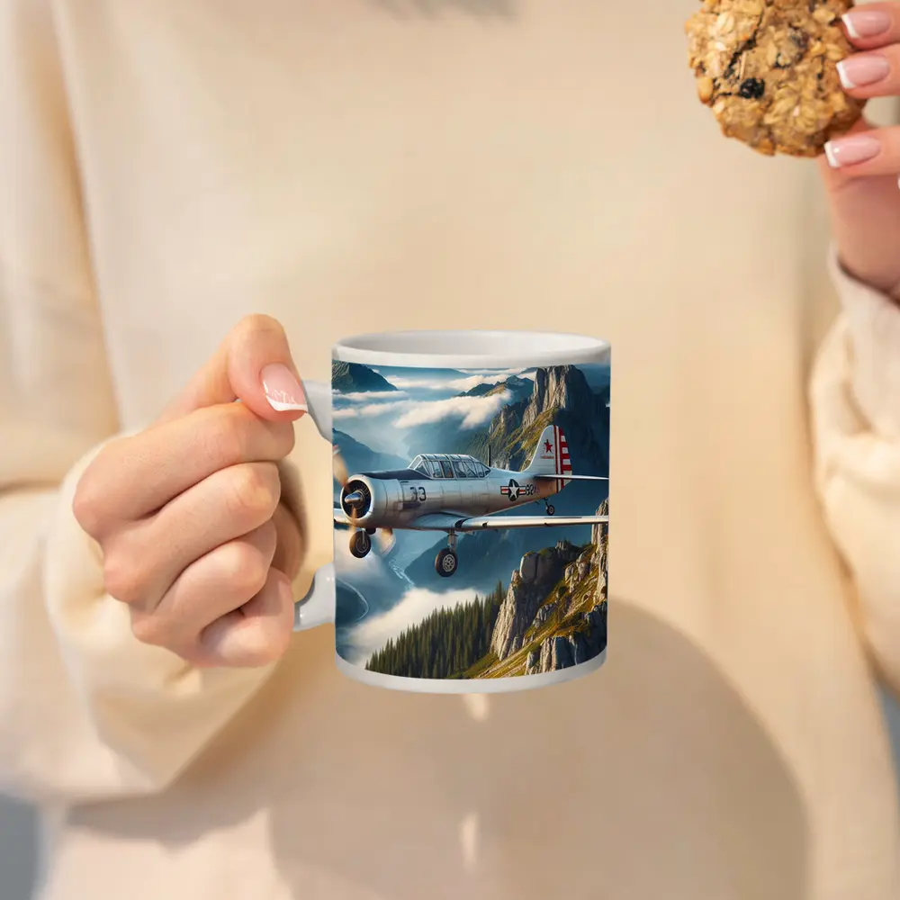 Vintage Military Trainer Plane Over Mountains – Mugs