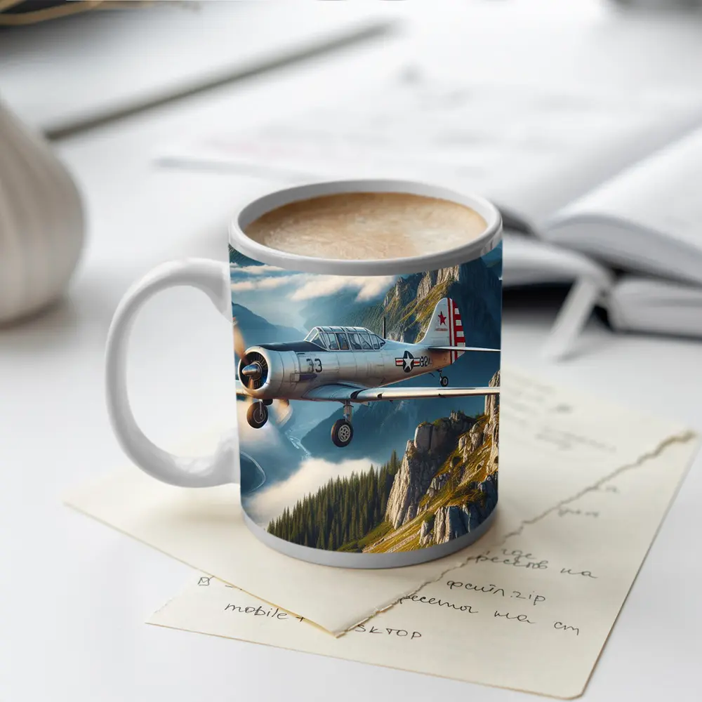 Vintage Military Trainer Plane Over Mountains – Mugs