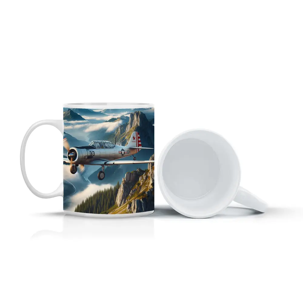 Vintage Military Trainer Plane Over Mountains – Mugs