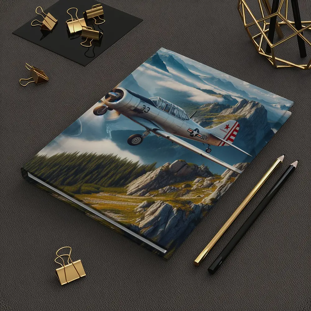 Vintage Military Trainer Plane Over Mountains – Notebooks