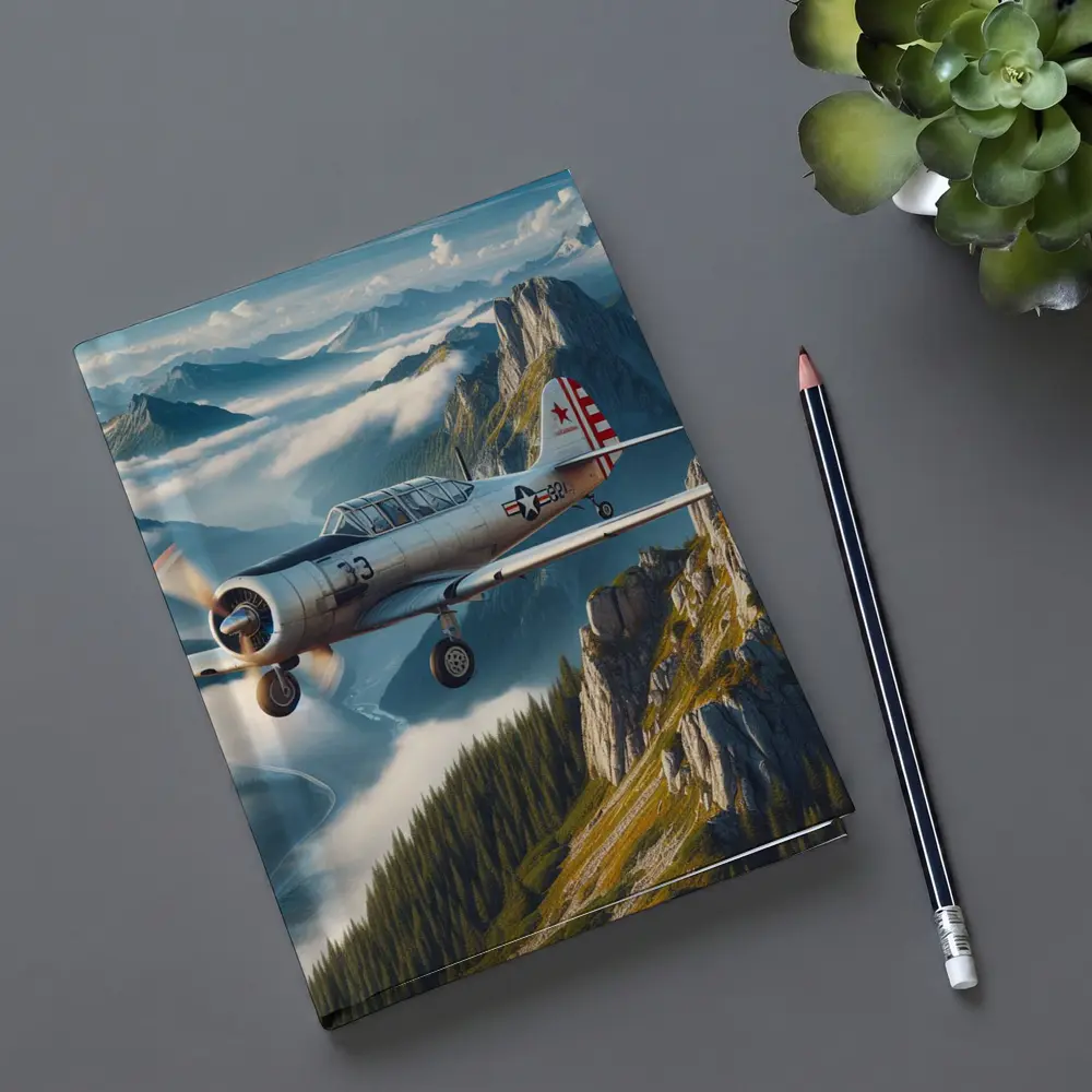 Vintage Military Trainer Plane Over Mountains – Notebooks