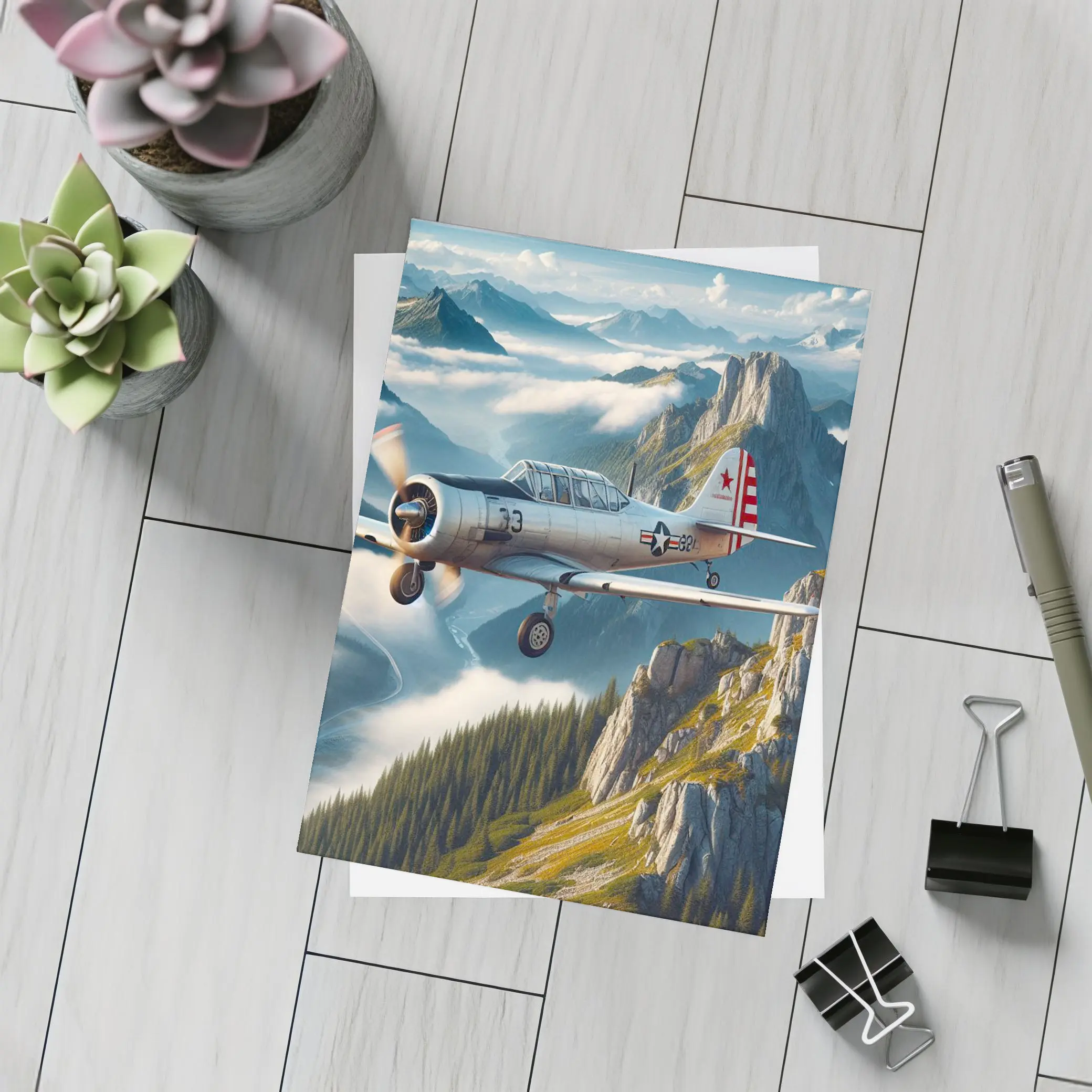 Vintage Military Trainer Plane Over Mountains – Postcards
