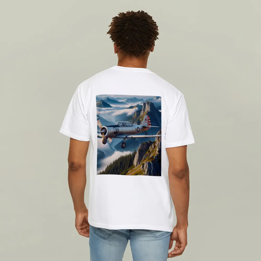 Vintage Military Trainer Plane Over Mountains – T-Shirts