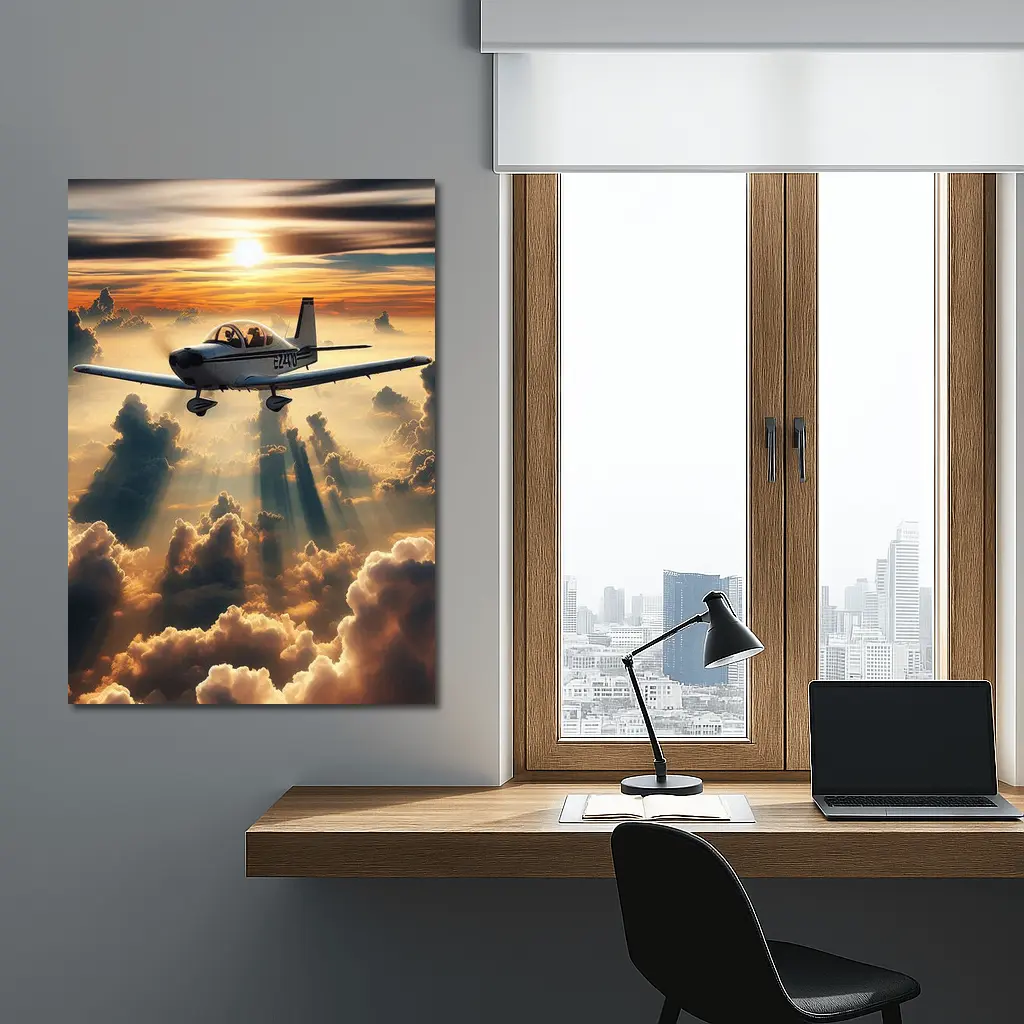Small Airplane Flying Above Sunset Clouds – Wall Art