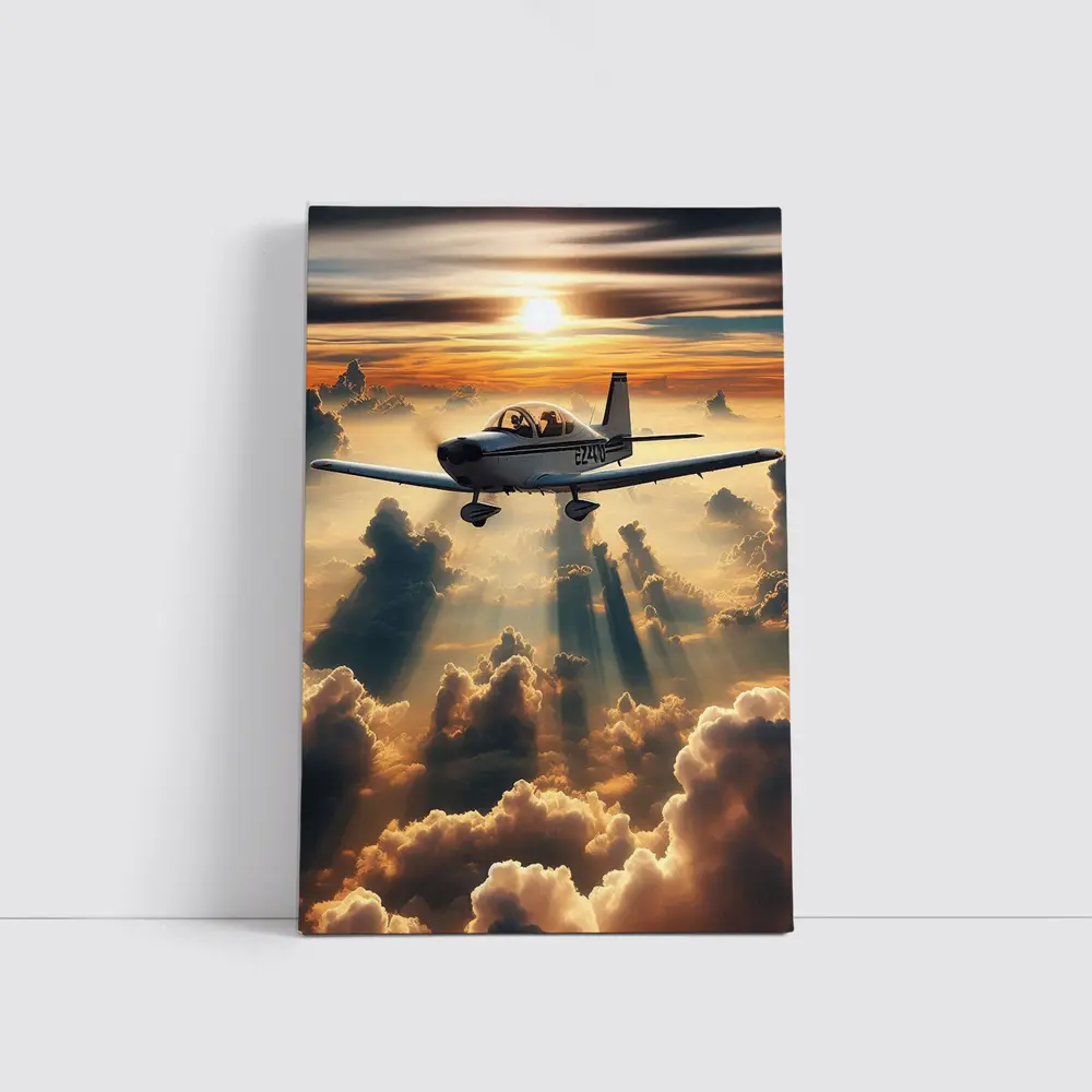 Small Airplane Flying Above Sunset Clouds – Wall Art