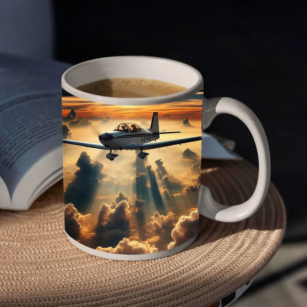 Small Airplane Flying Above Sunset Clouds – Mugs