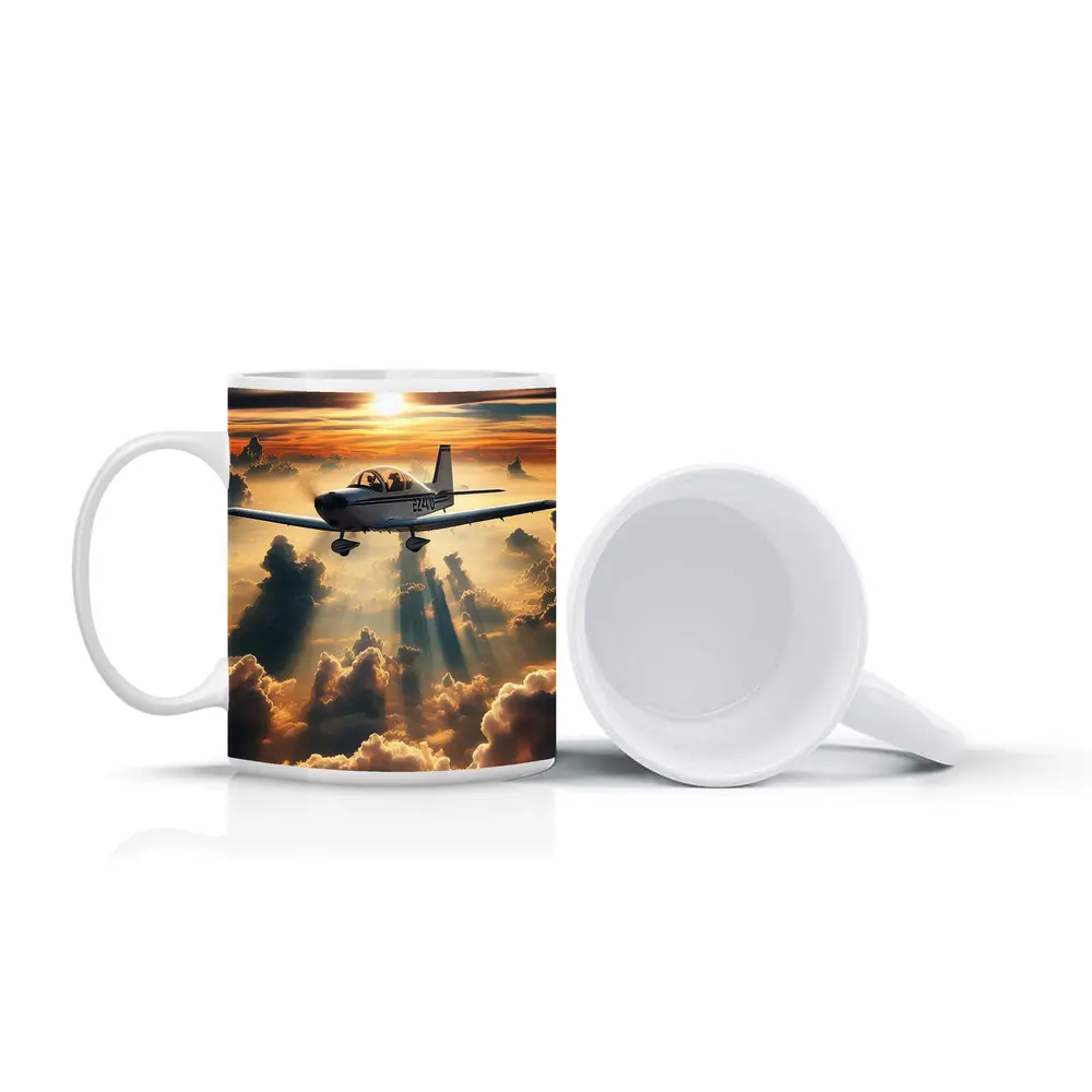 Small Airplane Flying Above Sunset Clouds – Mugs