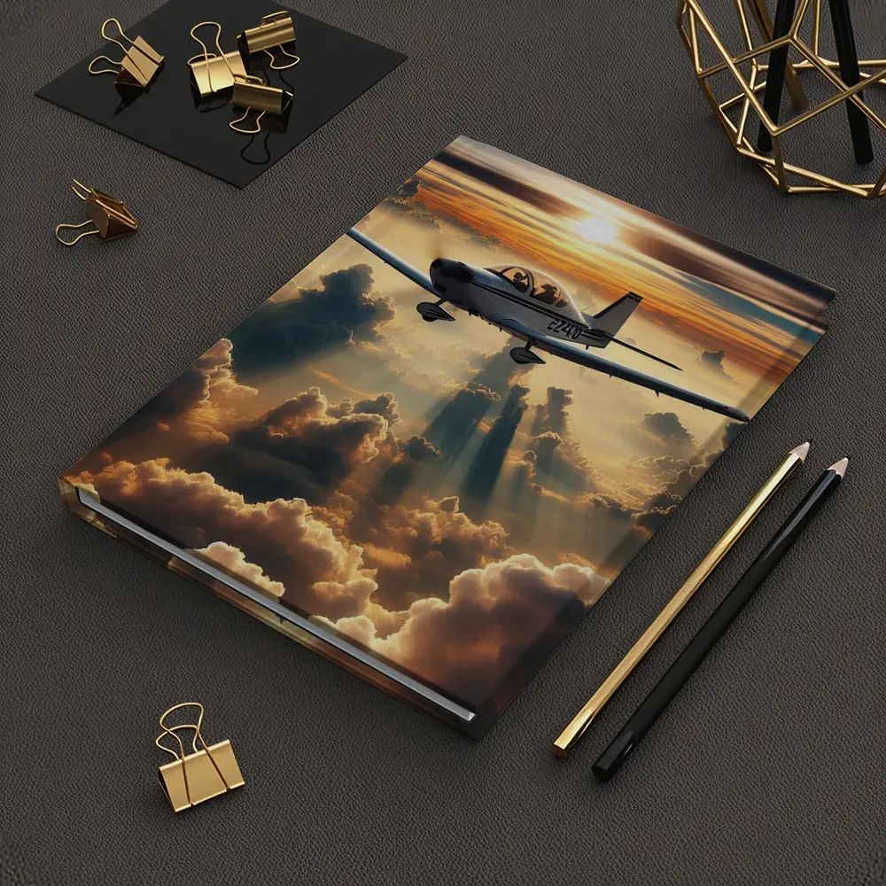 Small Airplane Flying Above Sunset Clouds – Notebooks